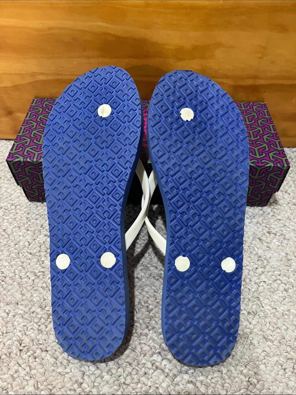 Tory Burch Blue Floral Flip Flops with White Straps - Picture 4 of 8